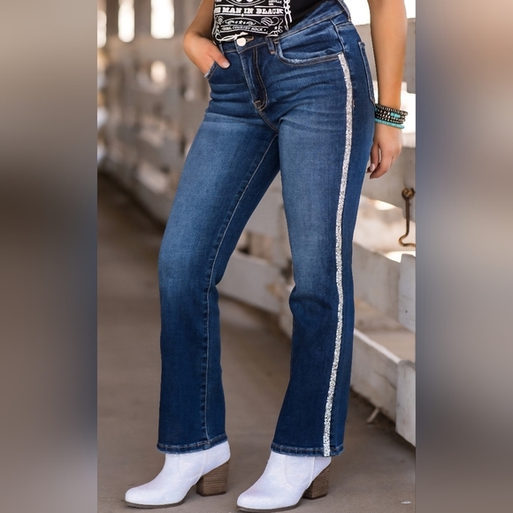 Risen Jeans Denim - Risen High Rise Dark Wash Rhinestone Embellished Seam Straight Ankle Jeans 7/28